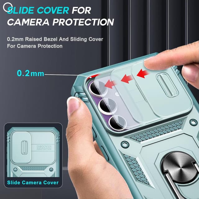 Detalle de LeYi Galaxy S23 FE case with camera cover slider and ring stand (green) + 2-pack tempered glass screen protectors