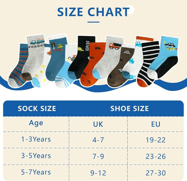 Detalle de GENTABY 12 Pairs Boys Crew Socks (Organic Cotton) – Cartoon & Striped Toddler Socks for Ages 1–7