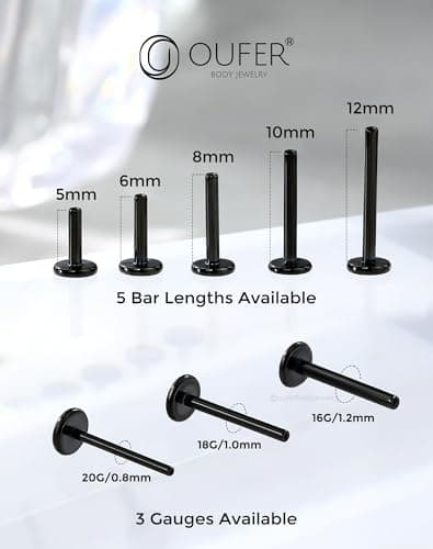 Detalle de OUFER Body Piercing Labret en titanio negro con sistema threadless/push-in (16G/18G/20G)