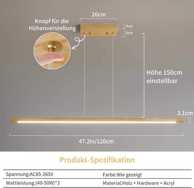 Detalle 2 de Mikeru Eschenholz-Pendelleuchte 120 cm dimmbar