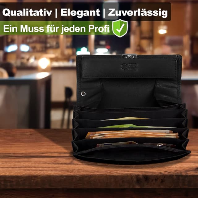Detalle de FLEXIBILITE Kellner-Geldbörse aus echtem Leder mit RFID, Schwarz – Kellnerportemonnaie (18,5 x 9,5 x 4,5 cm)