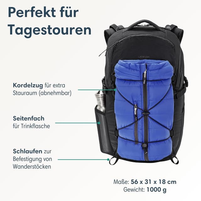 Detalle de LARKSON Klint Large Wanderrucksack (30–34 l) mit Hüftgurt & Mesh-Polsterung