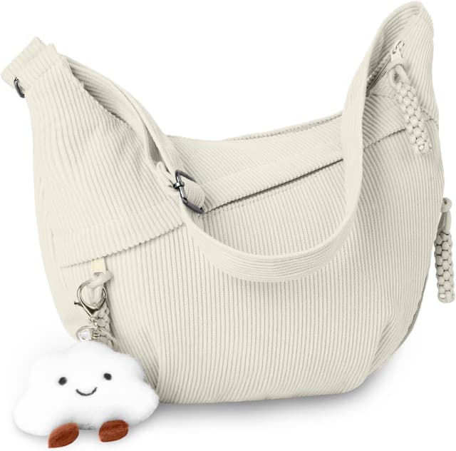 Detalle de Grand sac à bandoulière Aucuu en velours côtelé avec pendentif nuage et bandoulière réglable