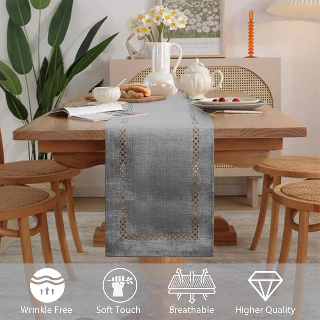 Detalle 2 de BAZIOE modern grey linen table runner with openwork pattern