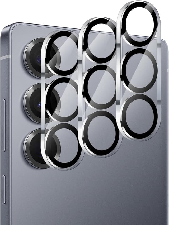 Detalle de OFFCUP 3 Set protezione obiettivo fotocamera per Samsung Galaxy S25 Plus (vetro 9H) – bianco