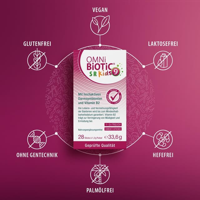 Detalle de OMNi BiOTiC SR-9 Kids Direkt-Sticks (28 Stück) mit Pfirsich-Geschmack – vegan, glutenfrei, laktosefrei