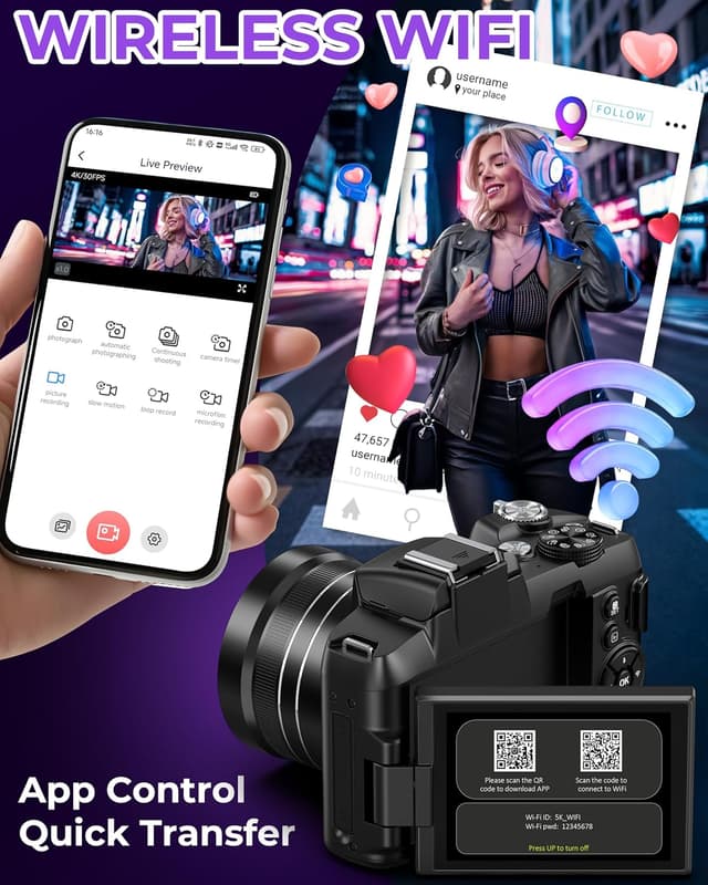 Detalle 2 de 5K Digital Camera with 80MP Photos, Wi‑Fi, 3" 270° Flip Screen, 18X Zoom (Travel Vlogging Camera for Beginners)