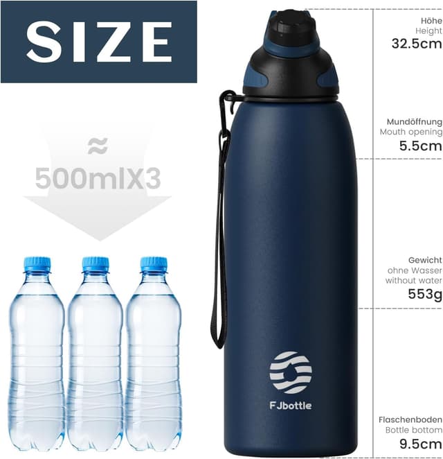 Detalle 2 de FJbottle Edelstahl-Sporttrinkflasche mit magnetischem Deckel, auslaufsicher (1.000 ml, 800 ml, 600 ml, 400 ml)