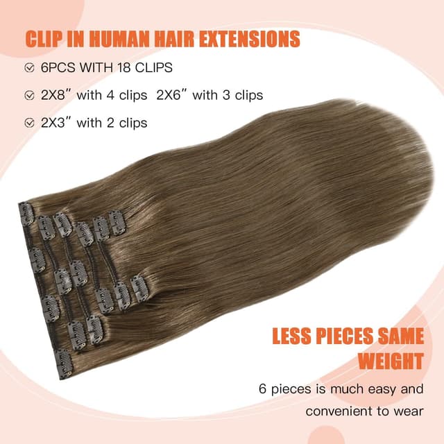 Detalle 2 de UGOTRAYS Ash Brown 15-Inch Clip-in Hair Extensions (70G, Remy, 16 Clips)