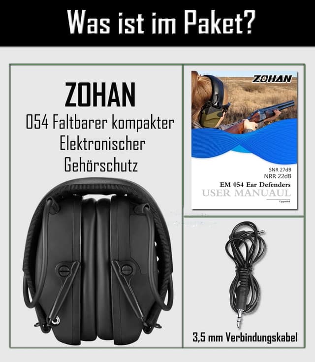 Detalle 2 de Casque anti-bruit ZOHAN 054 électronique pour tir, SNR 27 dB / NRR 22 dB, coussinets remplaçables (noir)