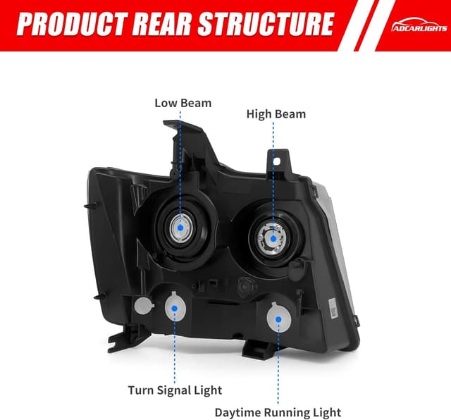 Detalle de ADCARLIGHTS Headlights Replacement Pair for 2007–2013 Chevy Avalanche / 2007–2014 Tahoe / 2007–2014 Suburban (Chrome Housing, Amber Reflector)