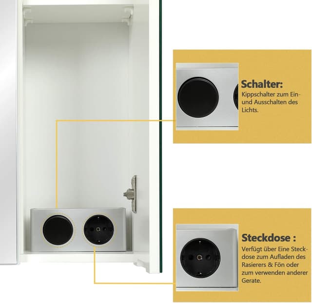 Detalle de DICTAC Badezimmerspiegel-Spiegelschrank mit LED, Steckdose & Lichtschalter – 70 x 15 x 60 cm, 3 Türen, weiß