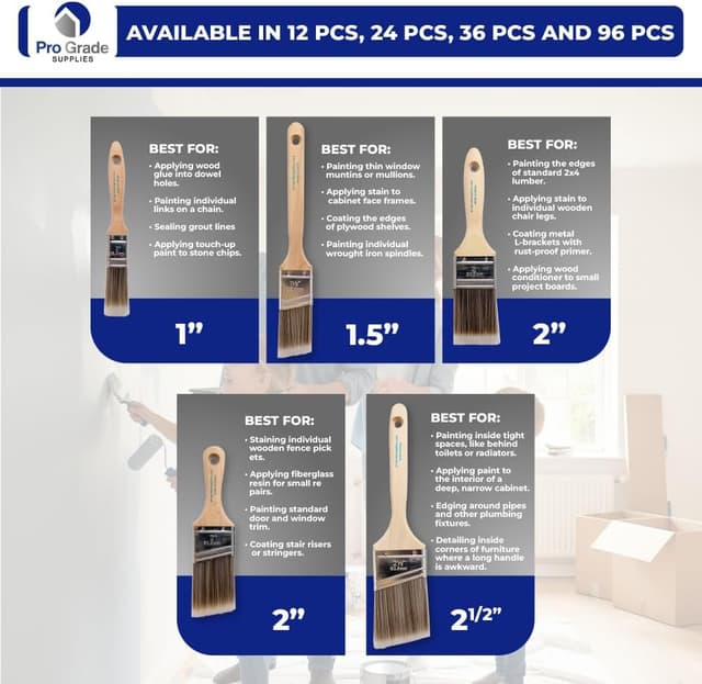 Detalle de Pro Grade Paint Brushes 5-Piece Flat & Angle Brush Set for Walls, Trim, Cabinets
