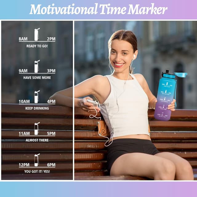 Detalle de Mulbijeo Gourde de sport réutilisable 1,5 L étanche, design anti-fuites et motivant