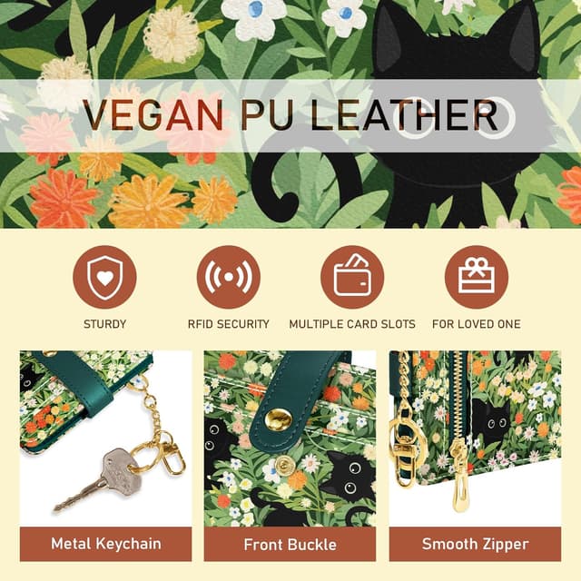 Detalle 2 de Jogjam Black Cat Floral RFID Women Wallet – Small Slim Bifold Credit Card Wallet with Zipper Coin Pocket