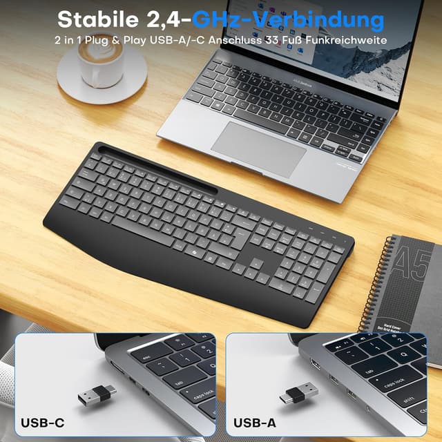 Detalle de OMOTON kabellose Tastatur mit Handballenauflage (2,4 GHz, QWERTZ) – wiederaufladbar, leise, mit 7 Farben Hintergrundbeleuchtung