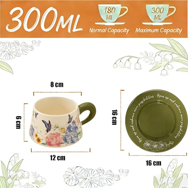 Detalle 2 de ENSFTF coffee cup and saucer set (300ml) with green butterfly & flower pattern