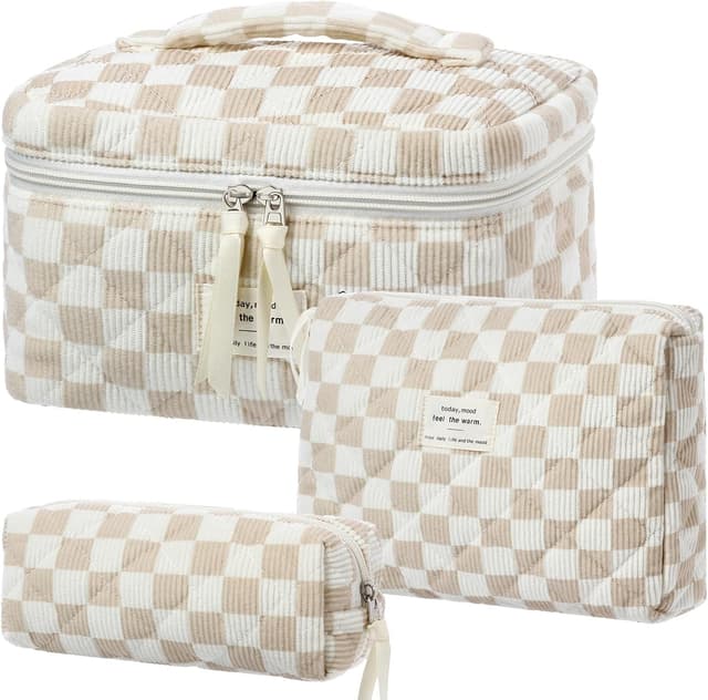 Detalle de BuyCard Kosmetiktaschen 3er-Set Damen aus Cord (Khaki Check) – Kulturtasche & Waschtasche