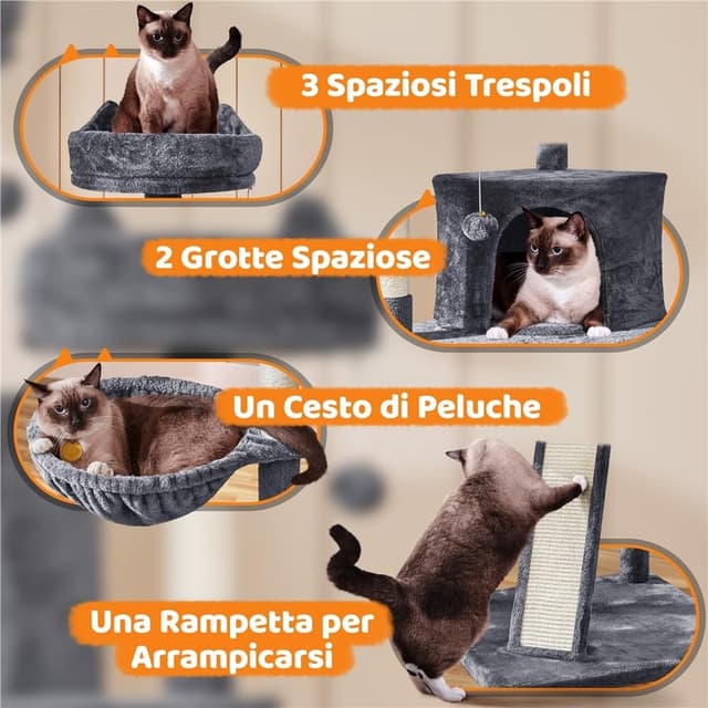 Detalle de Yaheetech Albero Tiragraffi per Gatti Adulti con Sisal Naturale, Torre 55 x 55 x 174 cm, Grigio Scuro