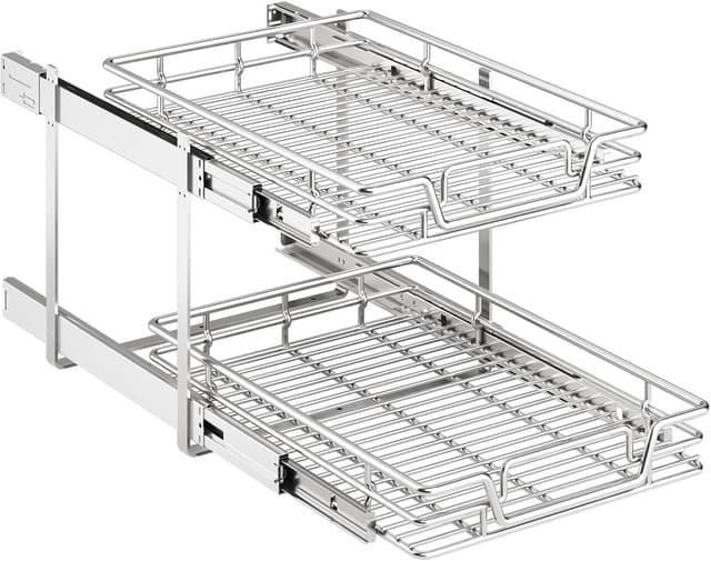 Detalle de QUYUWU 2-Tier Pull-Out Kitchen Cabinet Shelf & Drawer Organizer (16" W x 21" D)