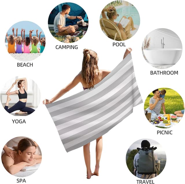 Detalle de CNMTCCO Large Beach Towel for Adults (160x90cm) in Light Grey – quick-dry microfibre with sand-free design and bag