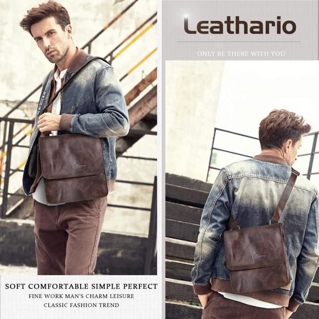 Detalle de Sac à bandoulière en cuir véritable Leathario pour homme, grande capacité (23 × 26 × 9,5 cm)