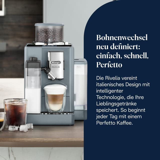 Detalle de De’Longhi Rivelia – Perfetto Kaffeevollautomat mit LatteCrema-Milchschaumsystem, 16 One-Touch-Getränken & austauschbaren Bohnenbehältern (Grau)