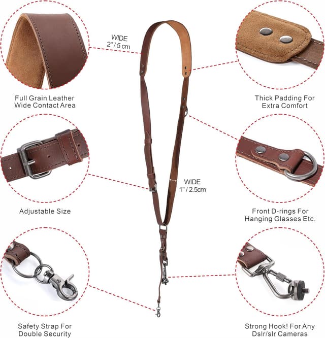Detalle de Padwa Lifestyle Brown Single Camera Harness Strap for One Camera – full grain leather shoulder strap