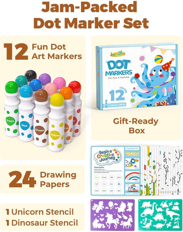 Detalle de JUPITEARTH Bingo Markers Set (12 Farben) – auswaschbare Dot Marker für Kinder mit 120-PDF-Aktivitäten