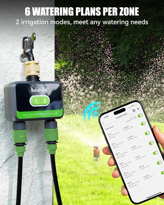 Detalle 2 de RAINPOINT Timer Irrigazione WiFi 2 uscite con ingresso in ottone e controllo via app/Alexa