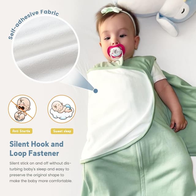 Detalle de ZIGJOY Newborn Sleeping Bag 1.0 TOG (2 Pack) with Swaddle Wrap Design, 100% Cotton – Green & Leaves