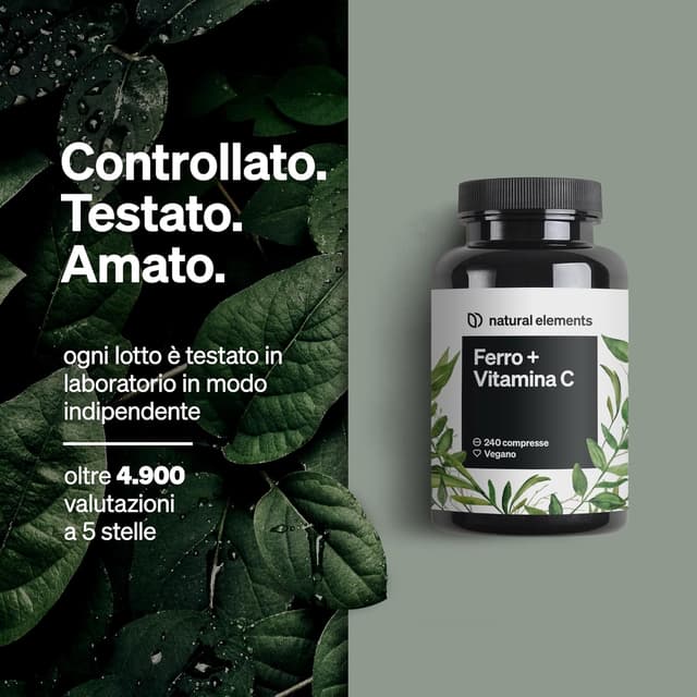 Detalle 2 de natural elements Integratore Ferro con 40mg Vitamina C (da bisglicinato ferroso) – 240 compresse vegane