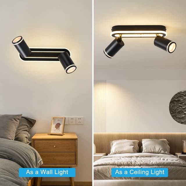 Detalle 2 de SANSHI Deckenleuchte 2-flammig mit LED, schwenkbar 350°: 15W + 2x 5W GU10 Spots, 3000K warmweiß, schwarz