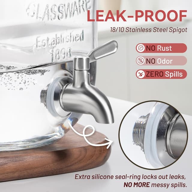 Detalle 2 de KIKCOIN 1 Gallon Glass Drink Dispensers (2-Pack) with Leakproof Stainless Steel Spigot, Stand, Filter & Stirrer