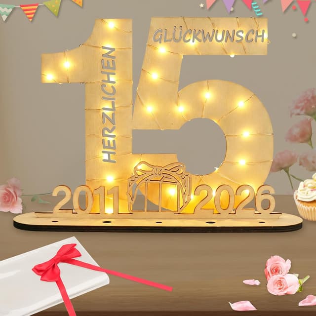 Detalle de Seutgjie Deko zum 15. Geburtstag: LED-Lichterkette Geldgeschenk mit Fliege, Holzschild & Geschenkpapier (29 x 21 cm)