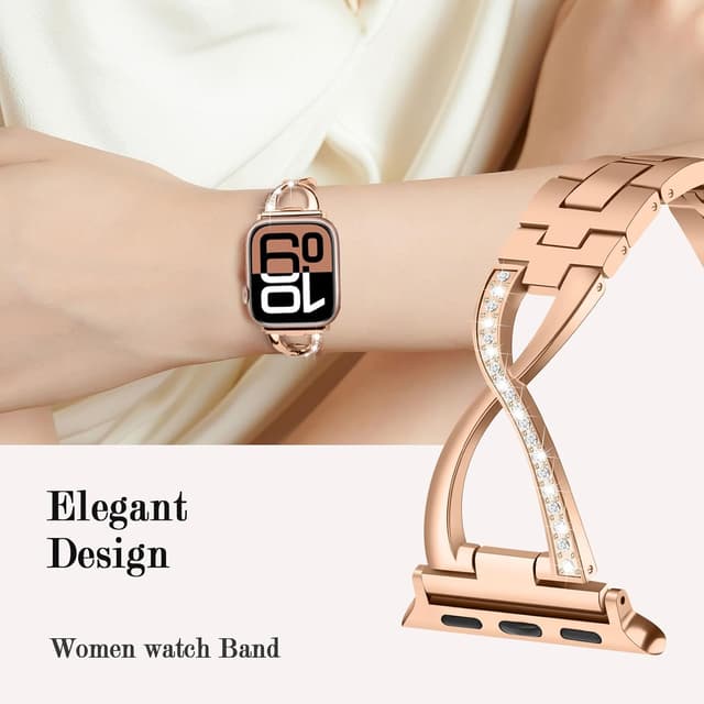 Detalle de Sixmoat Metal Straps Bling X-Shape Bracelet for Apple Watch (Rose Gold) – compatible with 38/40/41/42/44/45/46/49mm