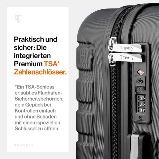 Detalle 2 de Travely Polycarbonat Koffer-Set (77 cm, 67 cm, Handgepäck) mit TSA-Schloss – 3-teilig