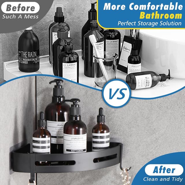 Detalle 2 de GRICOL Étagère de douche d’angle sans perçage en métal noir avec 2 crochets