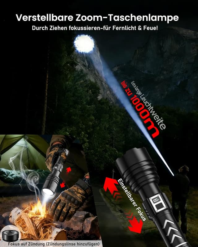 Detalle de Shadowhawk S1989 LED-Taschenlampe, 6000-mAh Akku, aufladbar (USB-C), mit Zündfunktion für Survival & Outdoor