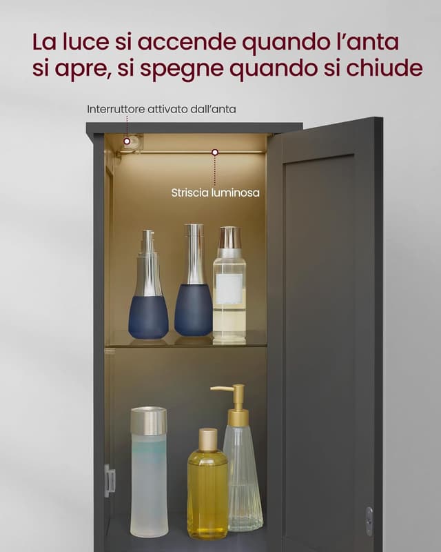 Detalle de VASAGLE Mobile da bagno a colonna con luce BBK566BC01, nero inchiostro, 30 cm