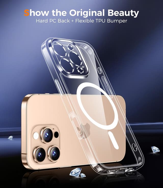 Detalle de Qasyfanc Magnetic iPhone 16 Pro Max Case (Clear) with 2 Tempered Glass Screen Protectors