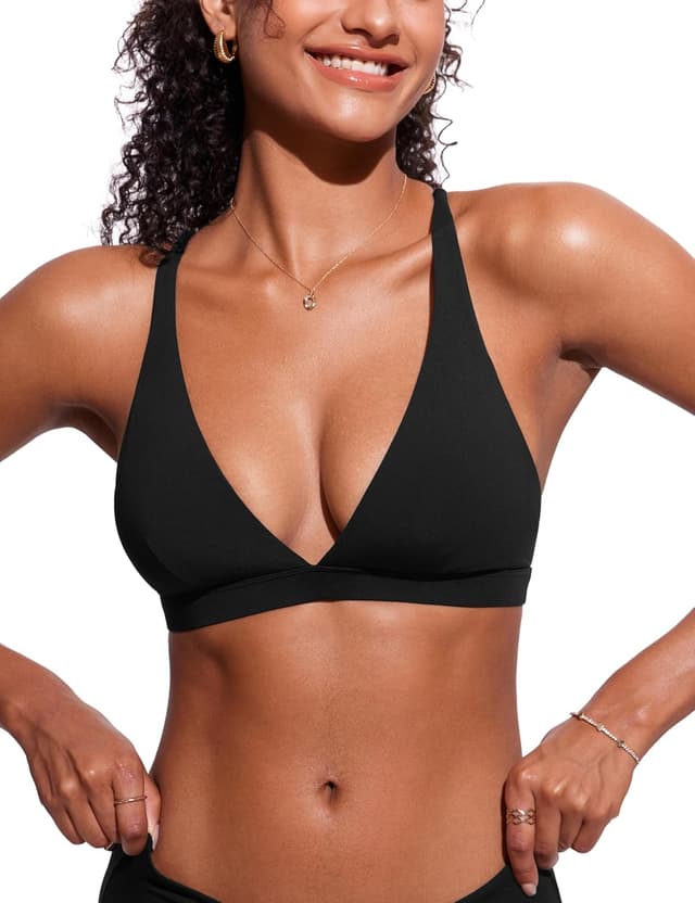 Detalle de CRZ YOGA Haut de bikini femme à col V croisé, rembourré avec bretelles croisées
