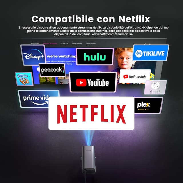 Detalle 2 de iWIMIUS Proiettore 4K Smart TV con Netflix Ready, Dolby e tiro corto (Auto Focus, WiFi 6, Bluetooth 5.2)