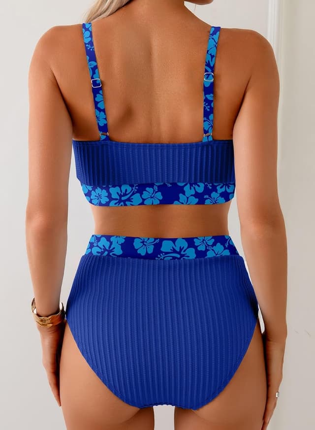Detalle 2 de Herseas Women's Textured Bikini Sets Floral Print Trim Scoop Neck High-Waisted Bathing Suit