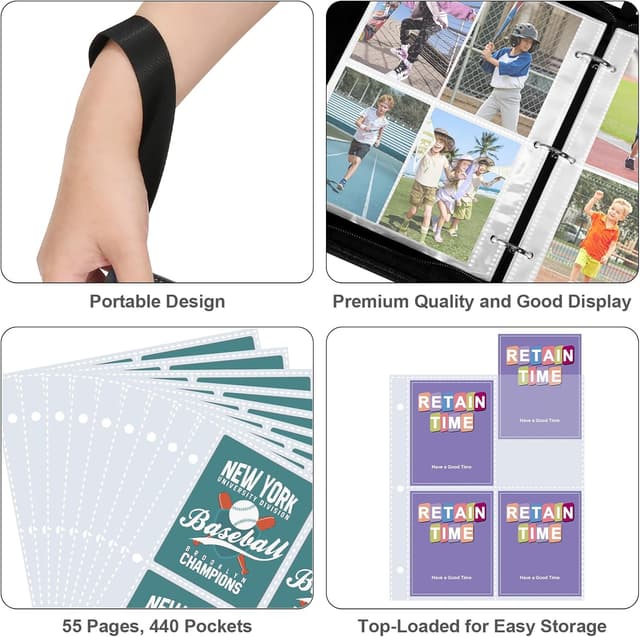 Detalle de 440 Pockets Trading Card Binder with Zipper PU Cover (Black, 4 Pockets) – MTG/TCG/Sports Card Album