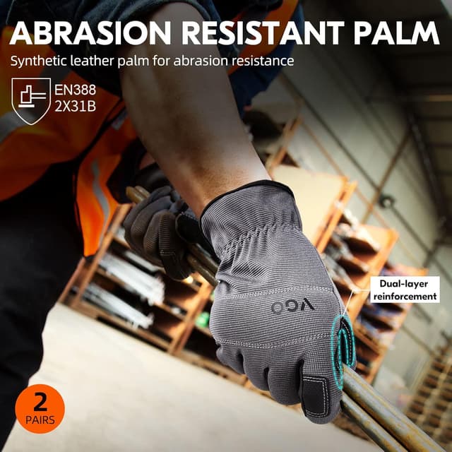 Detalle de Vgo… 2 Pairs Safety Work Gloves (NB7581) – Faux leather palm, touchscreen fingertips, EN388 work gloves in grey, size M
