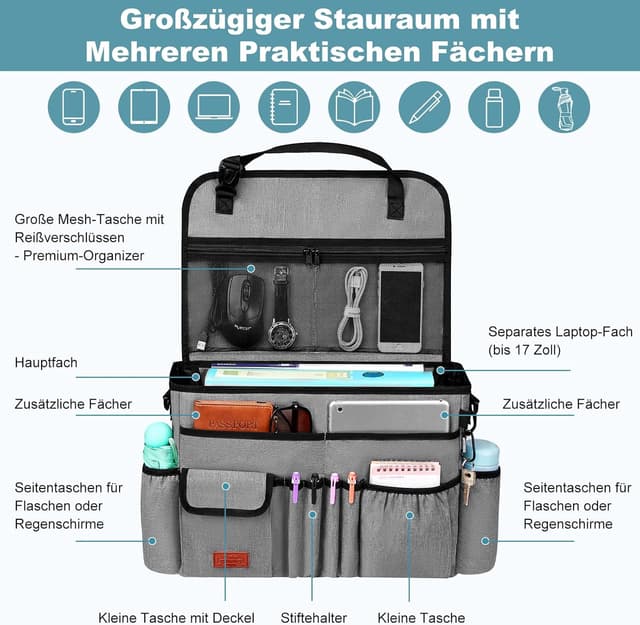 Detalle de Eurhomewit Autositz Organizer Vordersitz 2-in-1 mit Laptopfach (15–17") & Rücksitz-Organizer, Grau