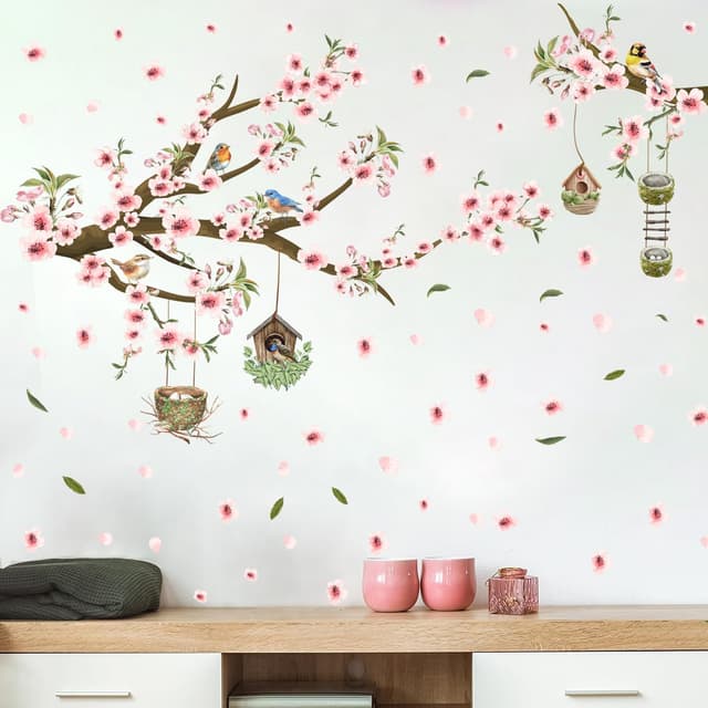 Detalle 2 de HPNIUB Pink Flower Tree Branch Birds Wall Stickers (84 x 30cm) for Bedroom, Living Room & Office