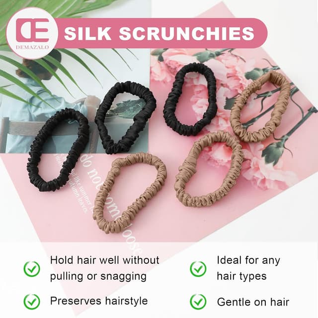 Detalle de 6Pcs Mulberry Silk Slip Skinny Hair Scrunchies (22 Momme) — 2-Color Ponytail Holders for Women & Girls, Color 02