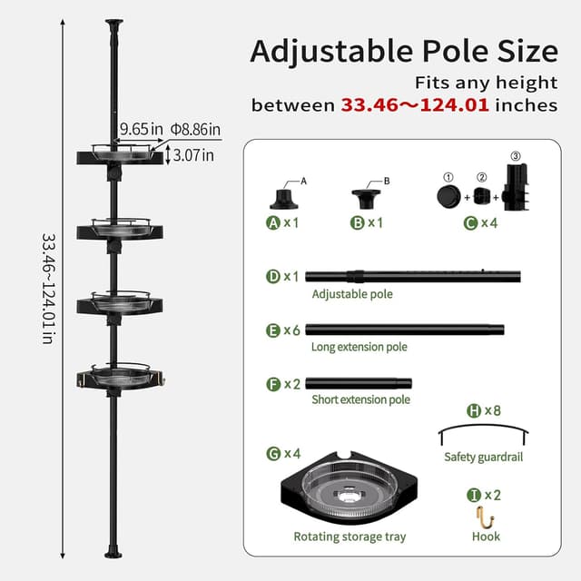 Detalle de shuang qing 360° Rotating Corner Shower Caddy Tension Pole Organizer (4-Tier Adjustable, Black)